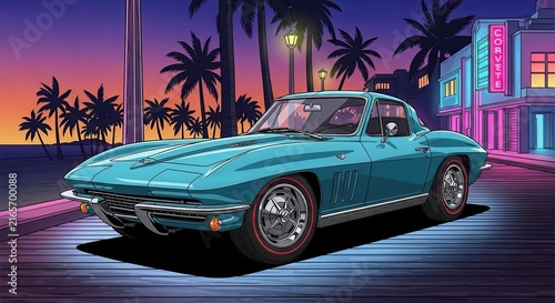 Vintage Turquoise Corvette on Neon Road.