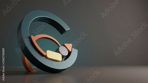 Abstract teal and terracotta geometric sculpture on a dark grey studio background.