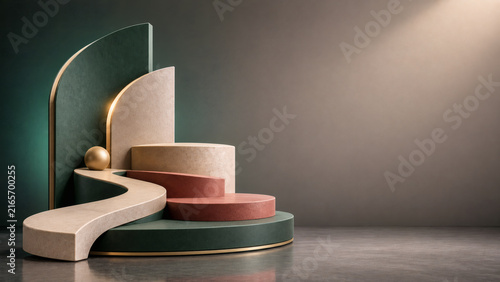Modern 3D product display podium with limestone textures and geometric shapes for branding.