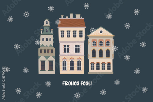 Frohes Fest meaning Happy Holidays in German, Christmas greeting with snowy European houses and winter snowflakes