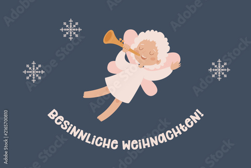Peaceful Christmas greeting in German with flying angel playing trumpet and decorative snowflakes