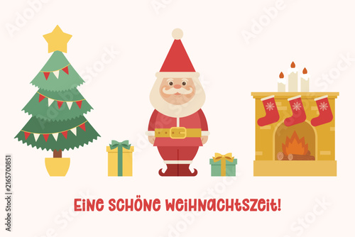 A wonderful Christmas season greeting in German with Santa Claus, decorated tree, gifts and cozy fireplace