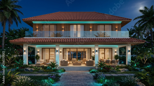Modern luxury house exterior architecture facade at night with lighting