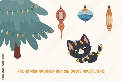 Merry Christmas and Happy New Year greeting in German with playful black kitten, festive lights and vintage ornaments