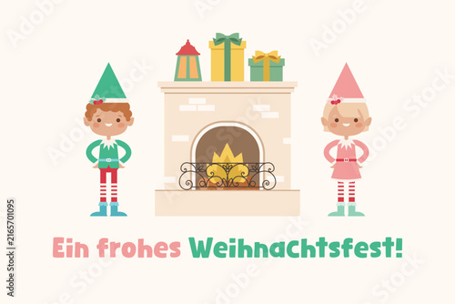 A joyful Christmas celebration greeting in German with cute holiday elves, cozy fireplace and wrapped gifts