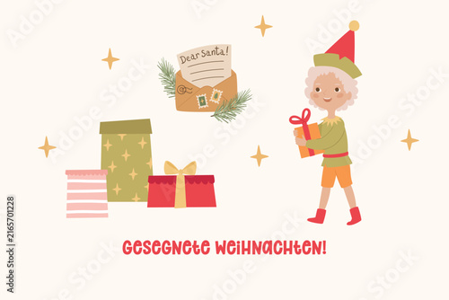 Blessed Christmas greeting in German with cheerful elf holding a gift, letter to Santa and wrapped presents