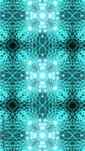 Cyan glowing ornamental pattern with luminous dots for phone wallpaper and mobile background
