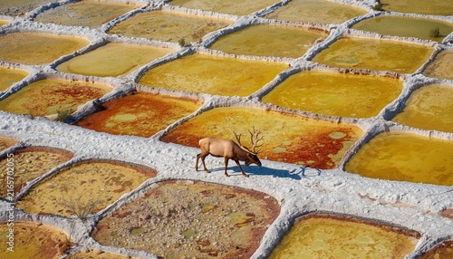 An Elk Wandering Across Vibrant Terraced Salt Pans