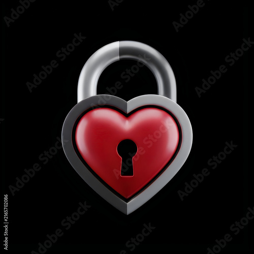 Metallic heart padlock with red core, 3D chrome security lock for love and protection, romantic heart shaped padlock on black background