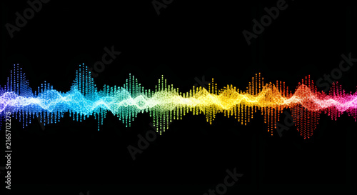 Rainbow digital audio wave on black background, colorful sound frequency spectrum, vibrant music equalizer visualization for podcasting and media production