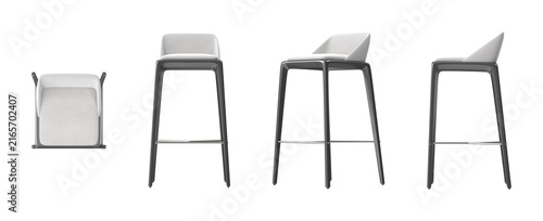 Modern bar stool with upholstered seat and metal frame in multiple views
