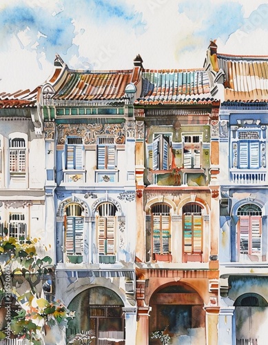 Vibrant Watercolor Painting Of Traditional Straits Shophouses Architecture