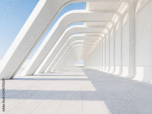 Minimalist white covered walkway with repeating columns and geometric shadows