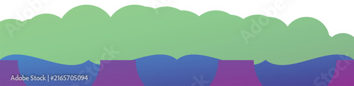 Abstract border with overlapping green clouds and deep purple geometric shapes on white