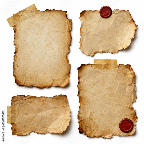 Vintage aged paper pieces with red wax seals and torn edges