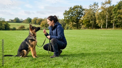 Woman Training German Shepherd Dog in Green Open Field on Sunny Day