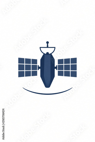 Minimal geometric satellite logo, symmetrical solar panels and central communications body, simple orbit curve, clean technology vector icon, isolated on white, no text, no letters