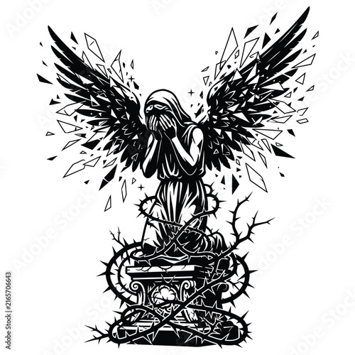 Weeping Angel Statue with Shattered Wings and Crown of Thorns Vector Illustration