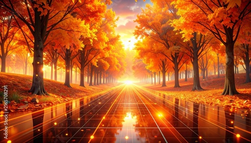 High-speed digital technology connects an autumn-orange background, nano-scale cyber data, abstract communication, and cutting-edge futuristic data technology.