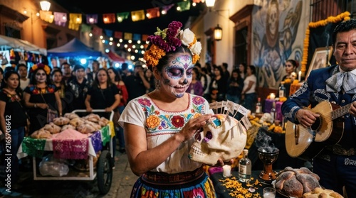 Mexican woman wearing catrina paint holds sugar skull, celebrating traditional holiday dia de los muertos, authentic street festival on cultural day of the dead, custom for all souls and saints.