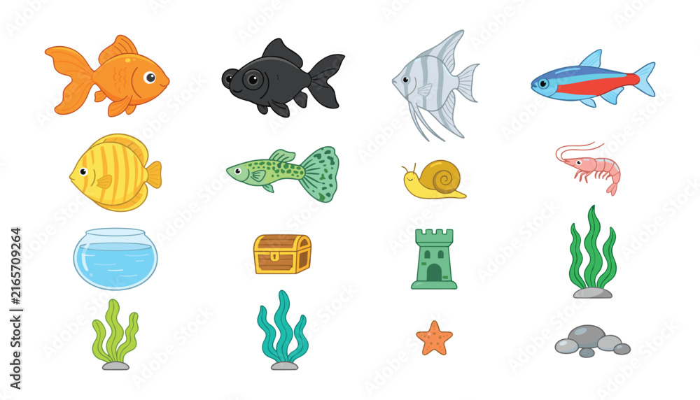 Obraz premium Aquarium Fish and Underwater Decoration Vector Element Set Featuring Goldfish Guppy Angelfish Snail Shrimp Seaweed and Treasure Chest for Pet Shop Graphic Designs