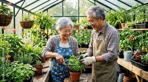 Joyful Senior Couple Gardening Together in Greenhouse Surrounded by Plants