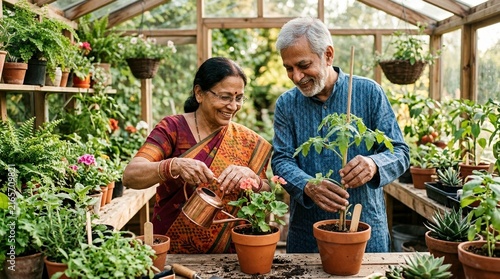 Joyful Older Couple Gardening Together in a Greenhouse Full of Plants