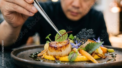 Chef delicately garnishing a fine dining plate with fresh herbs and flowers