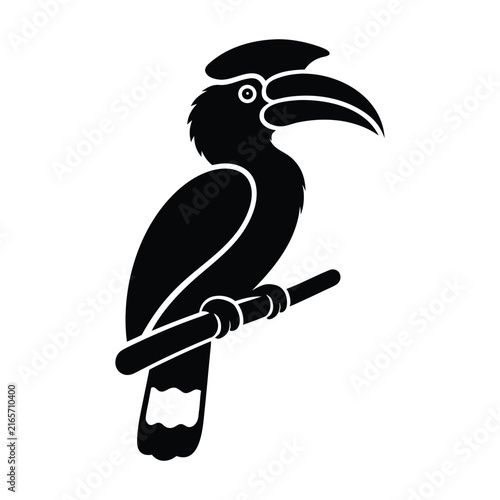 Flying hornbill bird silhouette design vector illustration, set of hornbill, black silhouette hornbill perched on tree branch, exotic tropical bird in flight icon