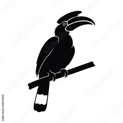 Flying hornbill bird silhouette design vector illustration, set of hornbill, black silhouette hornbill perched on tree branch, exotic tropical bird in flight icon