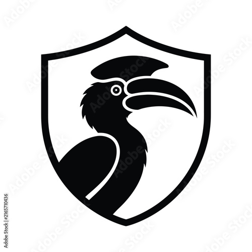 Flying hornbill bird silhouette design vector illustration, set of hornbill, black silhouette hornbill perched on tree branch, exotic tropical bird in flight icon