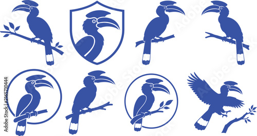 Flying hornbill bird silhouette set design vector illustration, set of hornbill, black silhouette hornbill perched on tree branch, exotic tropical bird in flight icon