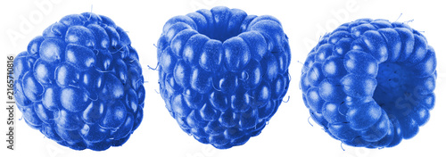 Three blue raspberries shown from different sides with one hollow center facing forward isolated on transparent background.