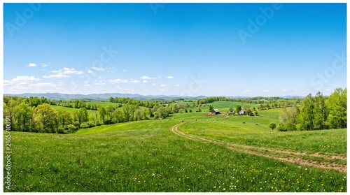 Expansive green rolling hills and farmland under a clear blue sky a tranquil rural landscape with distant mountains and a winding dirt road