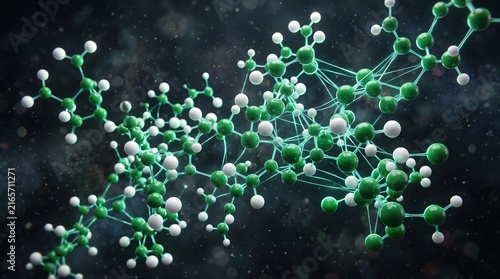 Abstract molecular structure interconnected atoms forming a complex network scientific research and chemistry concept 3D render