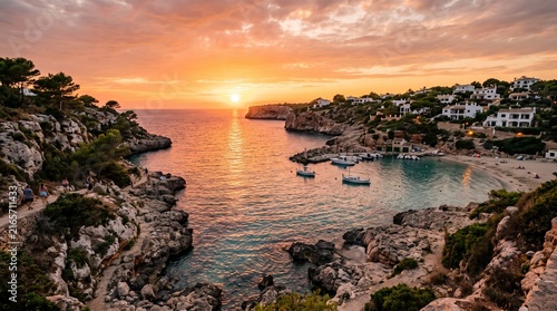 Idyllic Mediterranean bay at sunset with boats in the harbor and white houses on the hillside perfect for travel and vacation themes