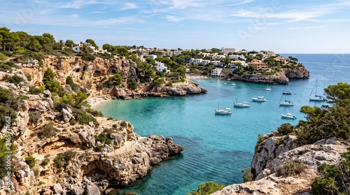 Idyllic Mediterranean bay with turquoise water rocky coastline and sailboats perfect for travel and vacation concepts
