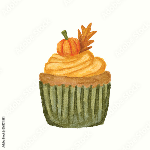 Pumpkin cupcake with creamy frosting, pumpkin and autumn leaves in watercolor style for fall bakery themes, seasonal cards, stickers and printable artwork.