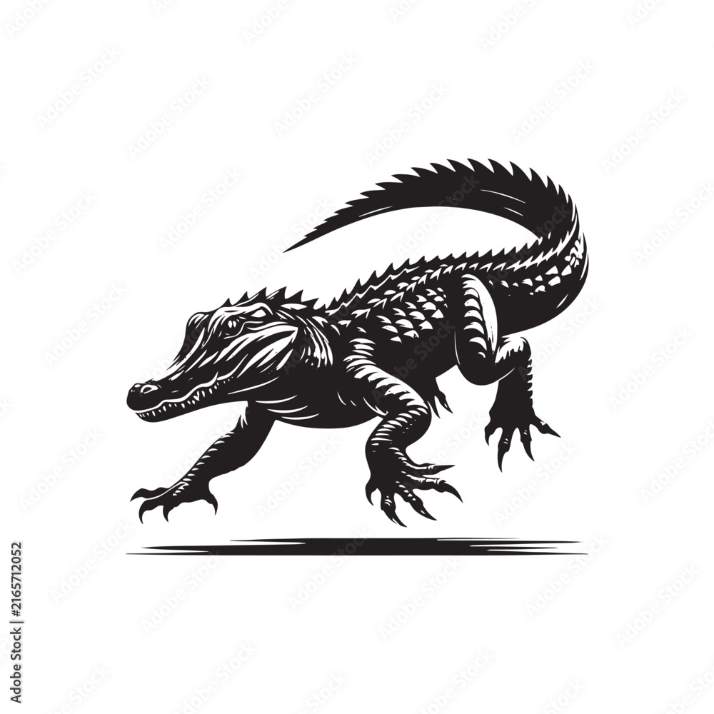 Fototapeta premium Alligator Vector Silhouette, Black Reptile Wildlife Illustration, Crocodilian Animal Profile, Swamp Predator Graphic, Isolated Monochrome Nature Design, Printable Artwork.