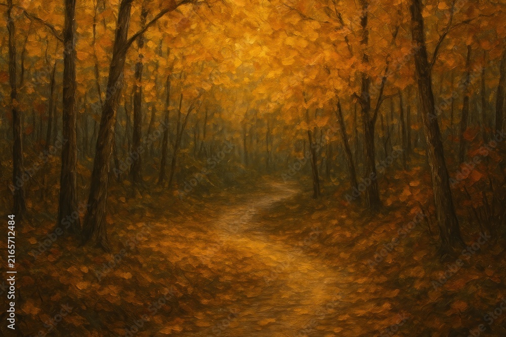 Fototapeta premium Serene autumn forest path painting.