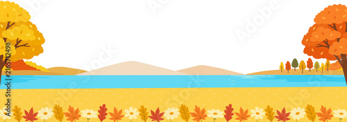 Autumn Landscape Banner with Detailed Foliage Border and Twin Trees