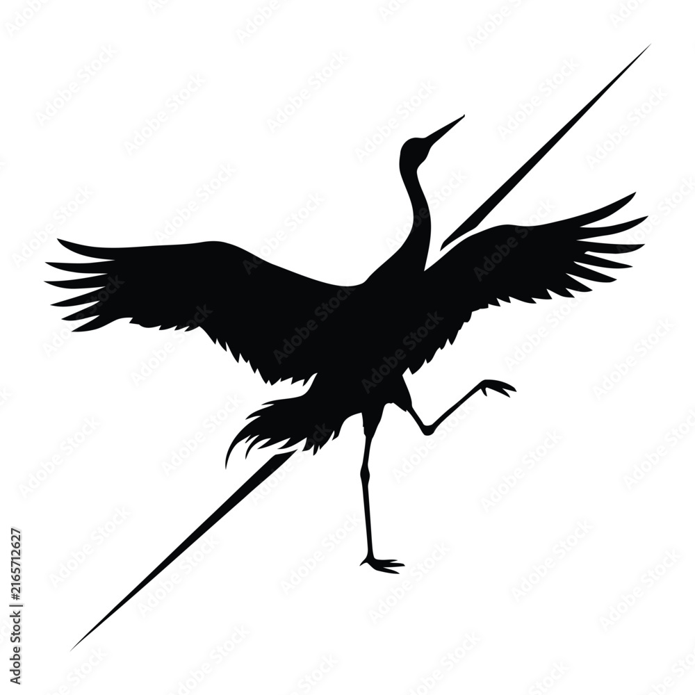 Naklejka premium A black crane with outstretched wings is depicted as a striking silhouette