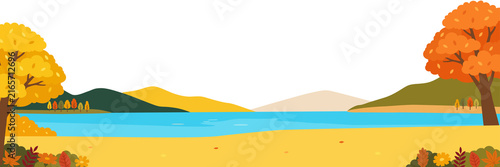 Panoramic Autumn Nature Landscape Header with Lake and Green Mountains