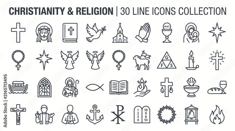 Fototapeta premium Christianity and religion line icons collection, 30 spiritual vector symbols, christian faith and church ministry outline icons set