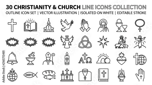 Bild auf Leinwand Christianity and church line icons collection, 30 religious outline symbols set,