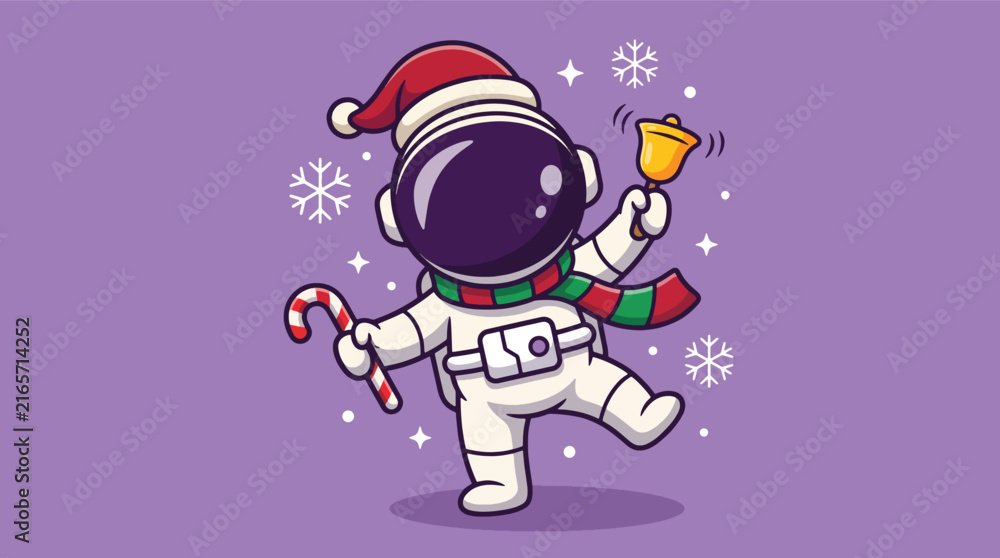 Naklejka premium Cute astronaut celebrating Christmas with candy cane and bell.