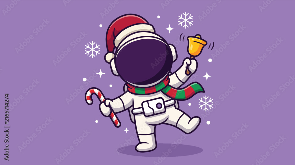 Obraz premium Cute Astronaut Character Celebrating Christmas with Santa Hat Candy Cane and Bell Illustration.
