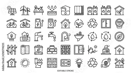 Sustainable living line icons set, 45 green energy and eco house vector symbols, renewable technology and recycling outline graphics