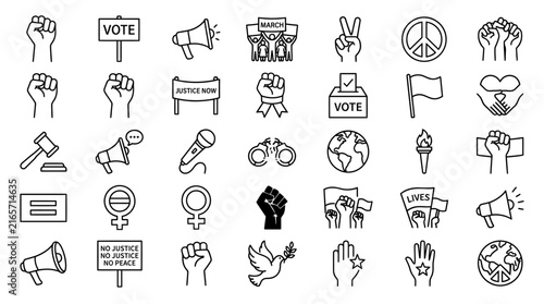 Protest and social justice icon set, 35 line art activism symbols, human rights and voting vector elements for advocacy