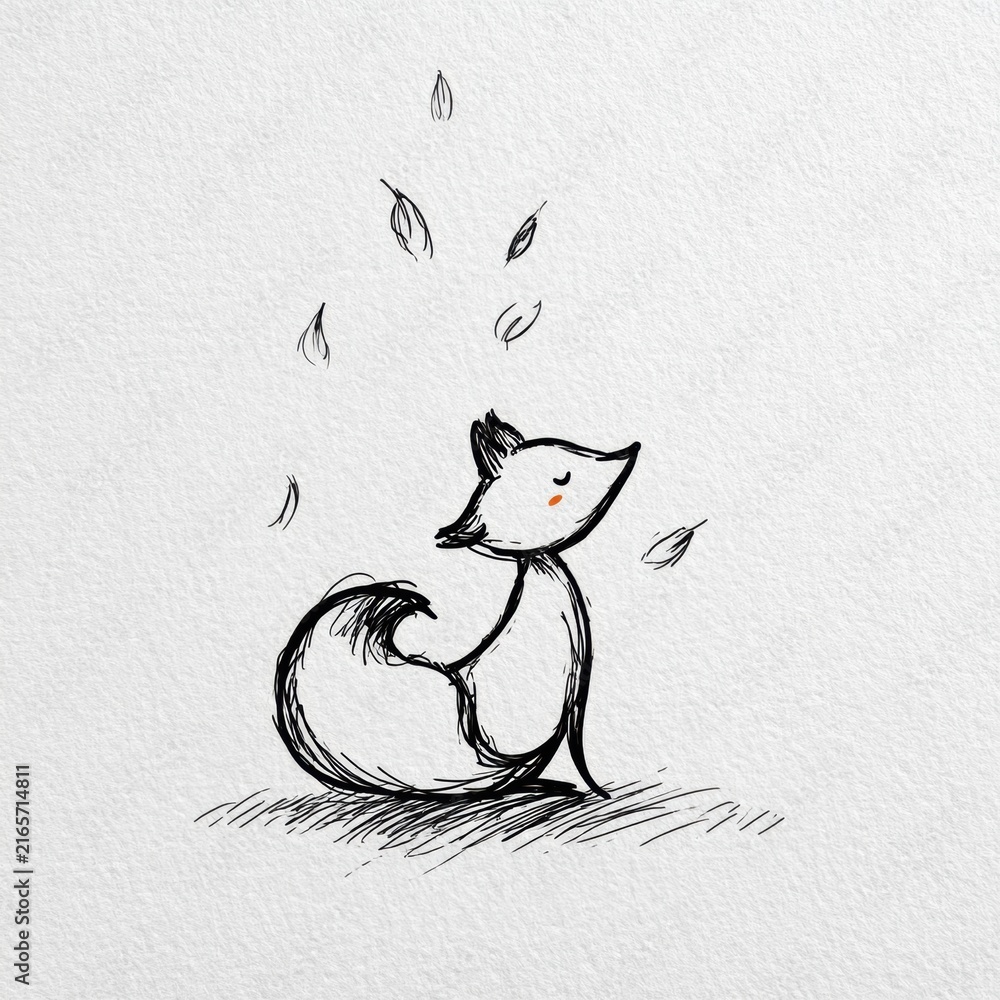 Naklejka premium A doodle shows a fox with simple outlines among scribbled leaves. The fox sits quietly while leaves fall around it in a simple style.